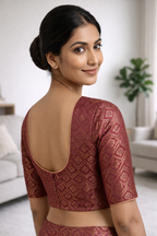 Maroon Silk Brocade Saree Blouse with Deep U-Back & V-Neck Design