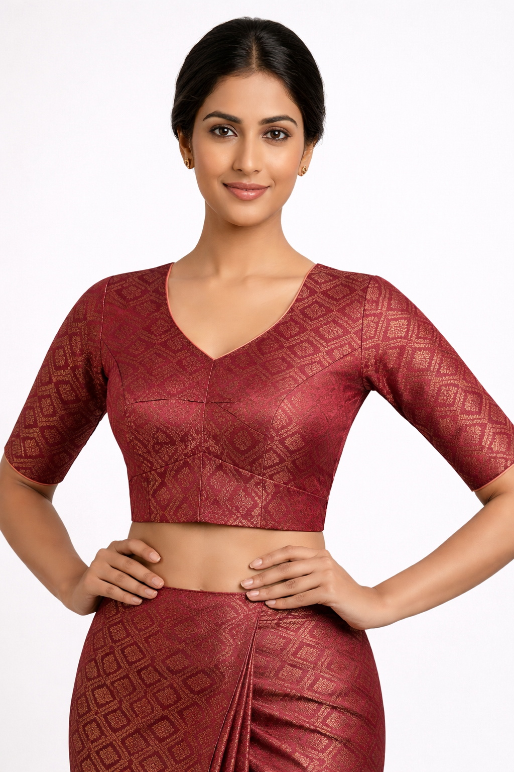 Maroon Silk Brocade Saree Blouse with Deep U-Back & V-Neck Design