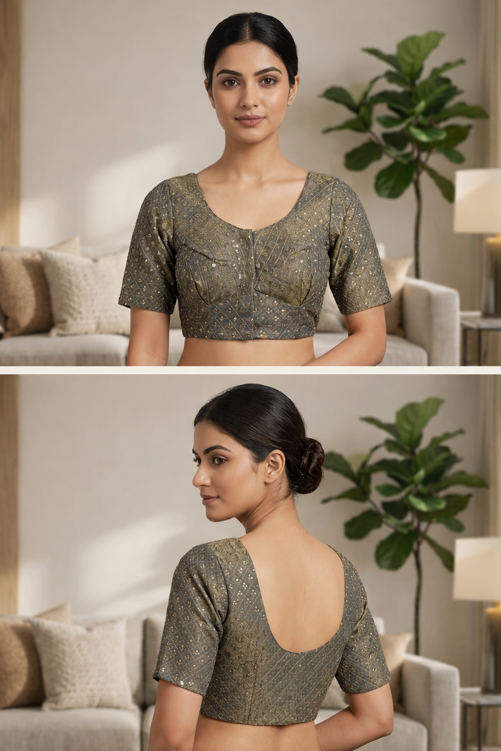 Smoky Grey Silk Brocade Readymade Blouse