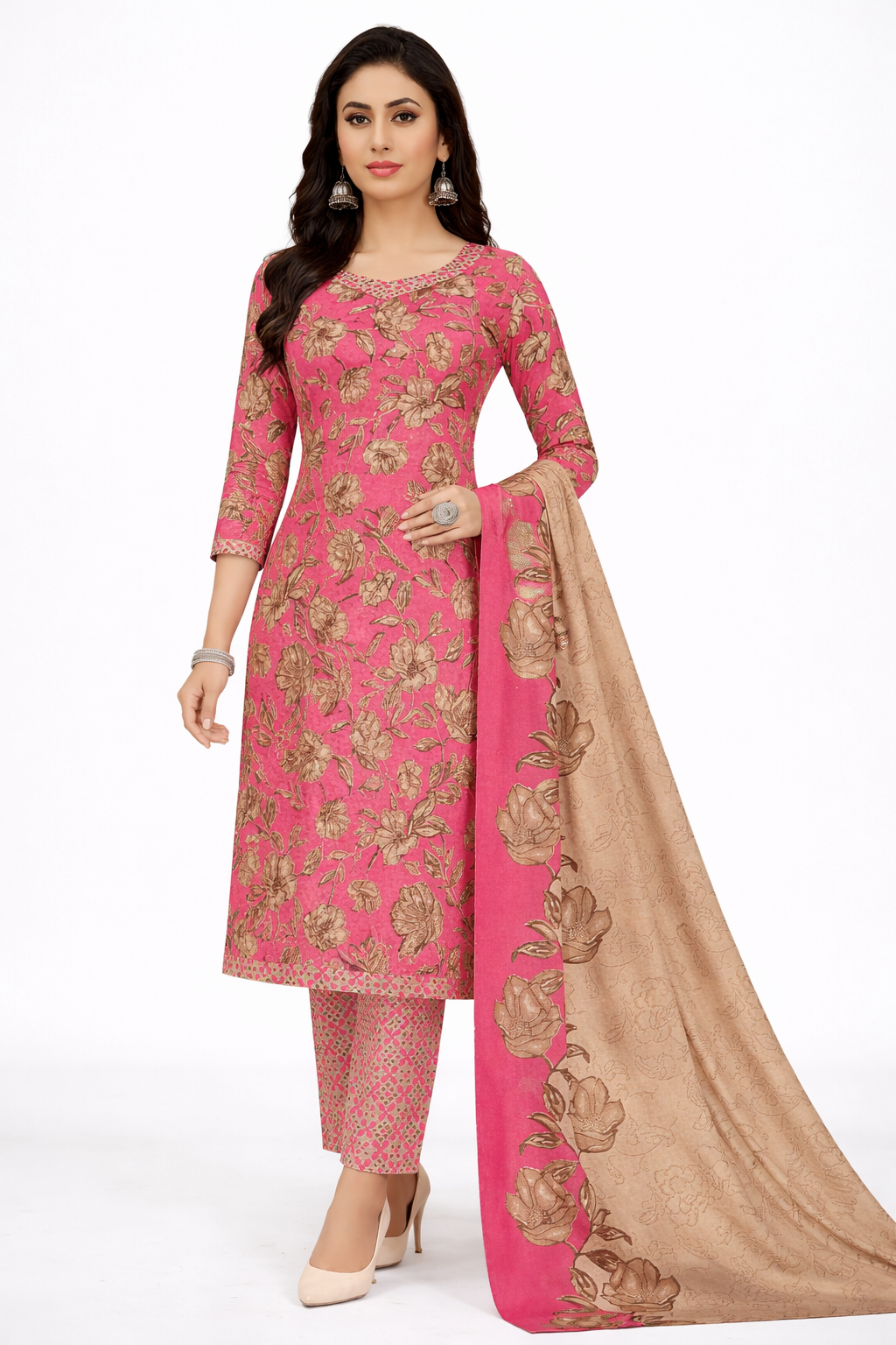 Elegant Pink Floral Printed Salwar Suit Set with Dupatta