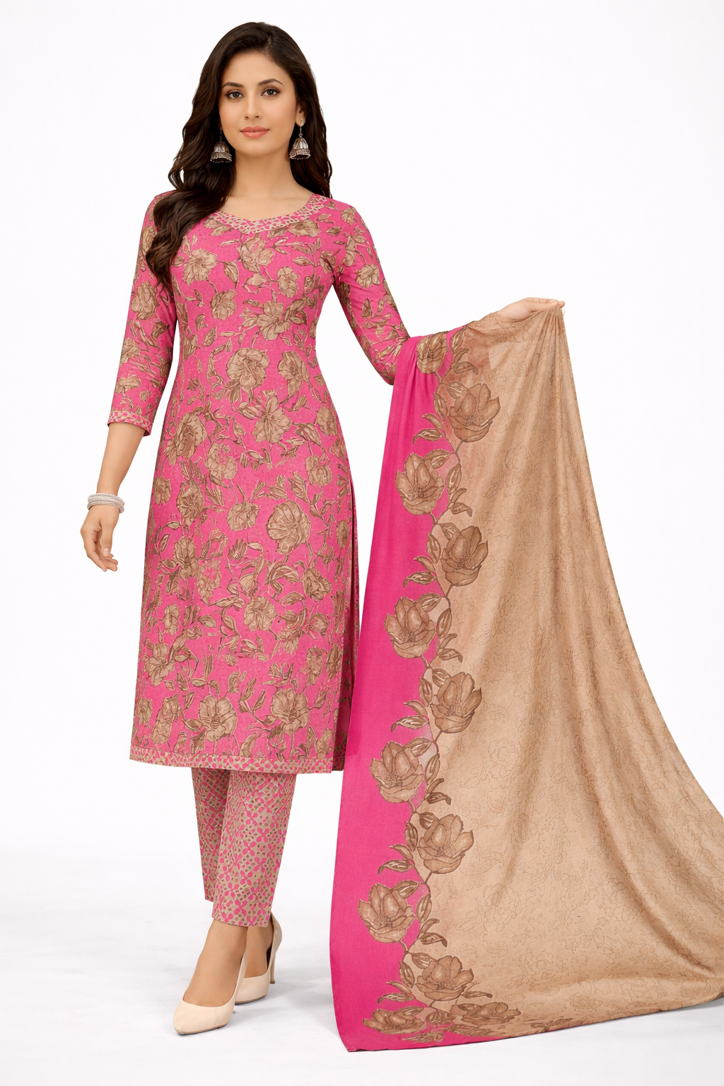 Elegant Pink Floral Printed Salwar Suit Set with Dupatta