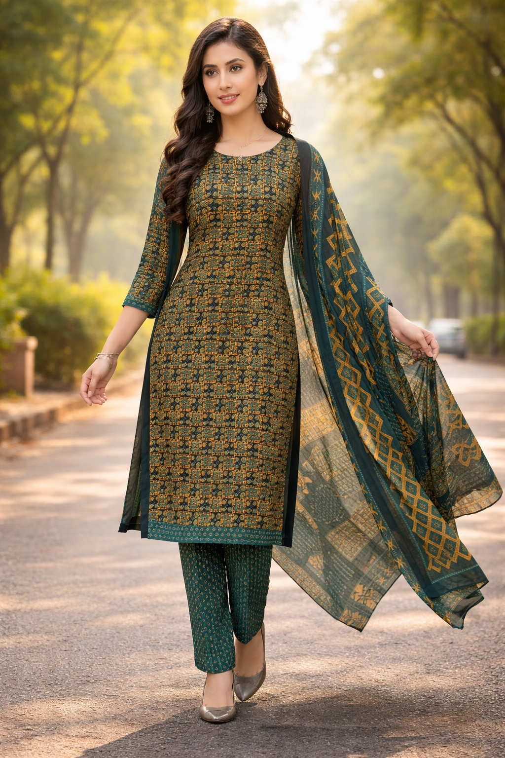 Elegant Green Printed Salwar Suit Set with Dupatta