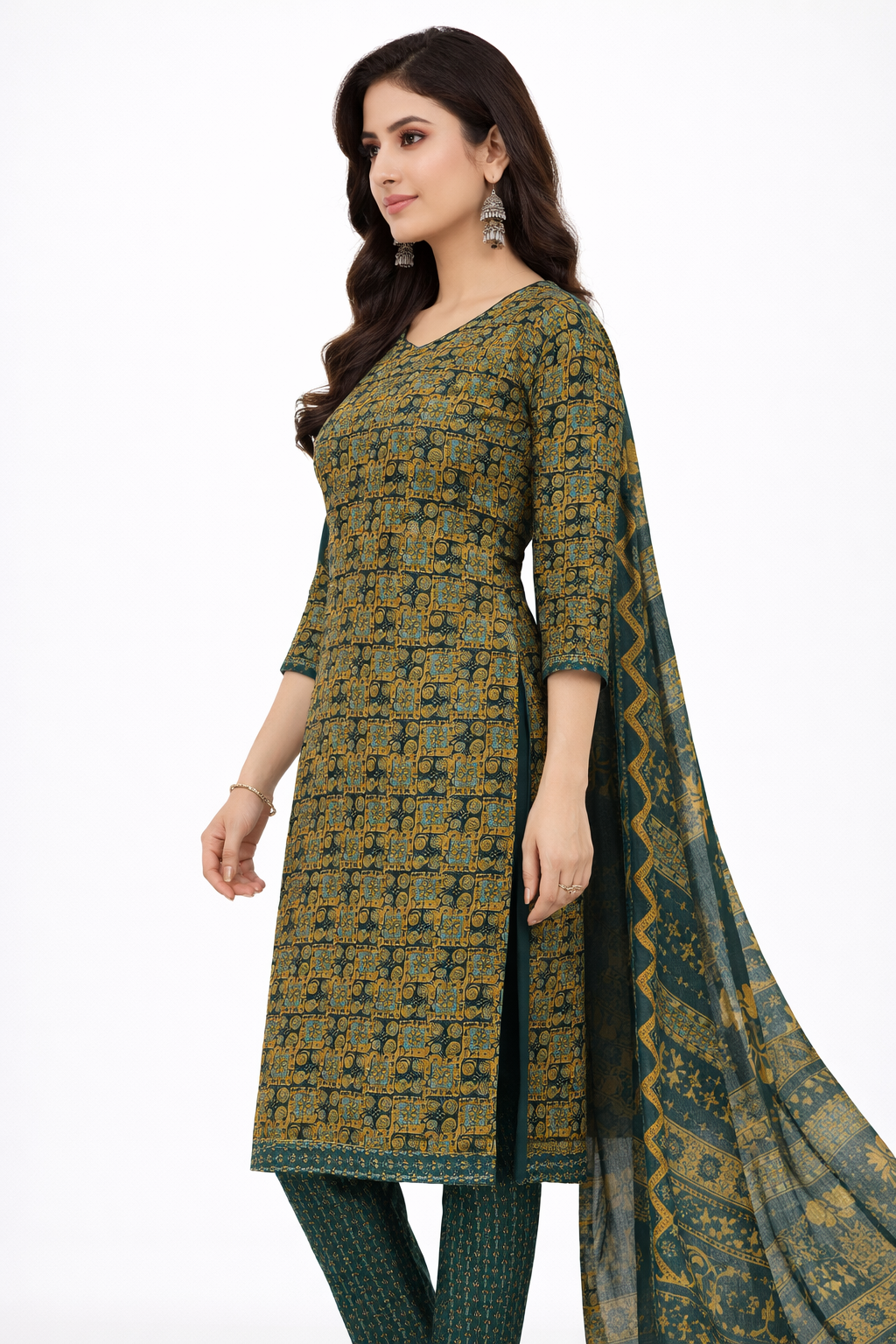 Elegant Green Printed Salwar Suit Set with Dupatta