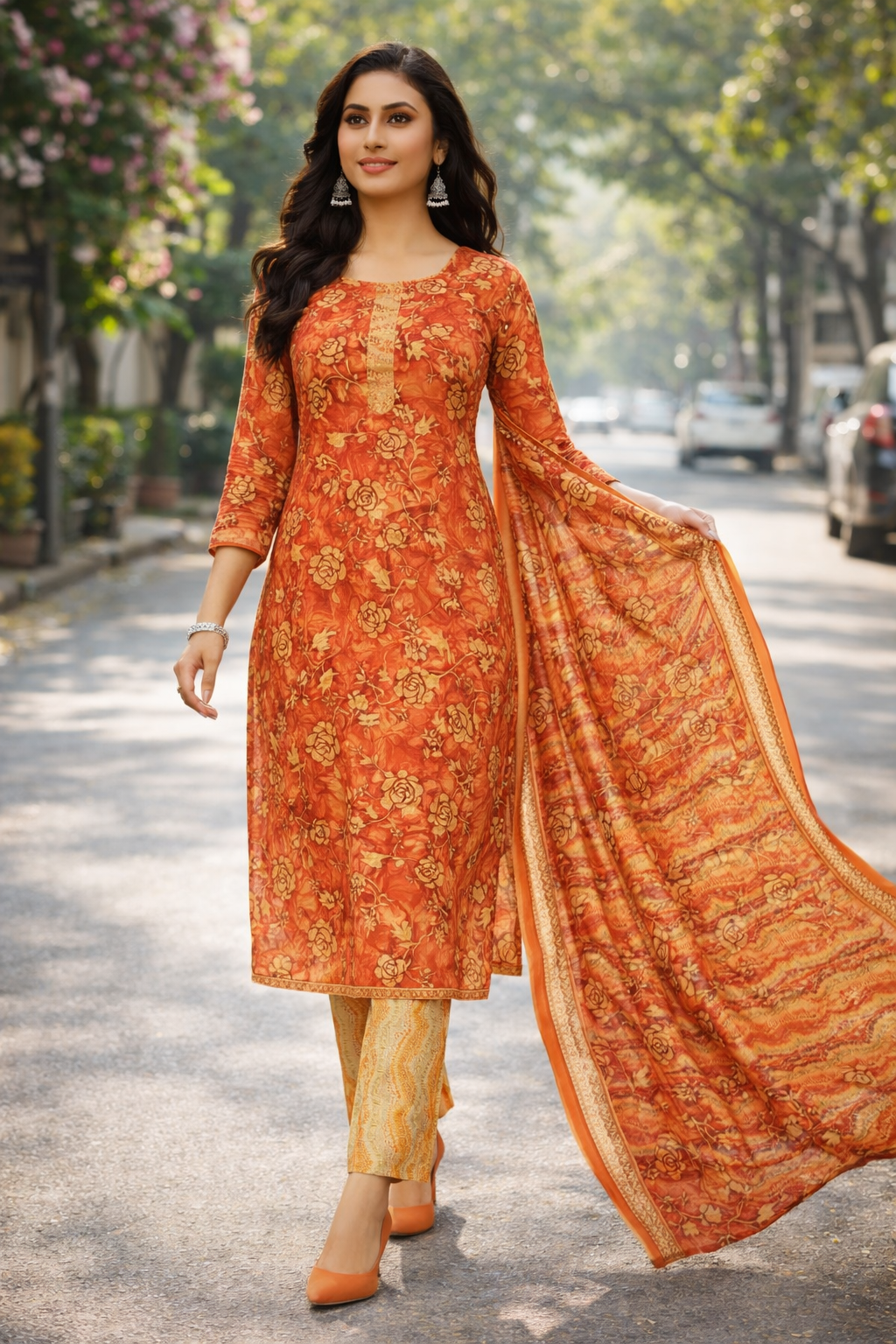 Stylish Orange Floral Printed Salwar Suit Set with Dupatta