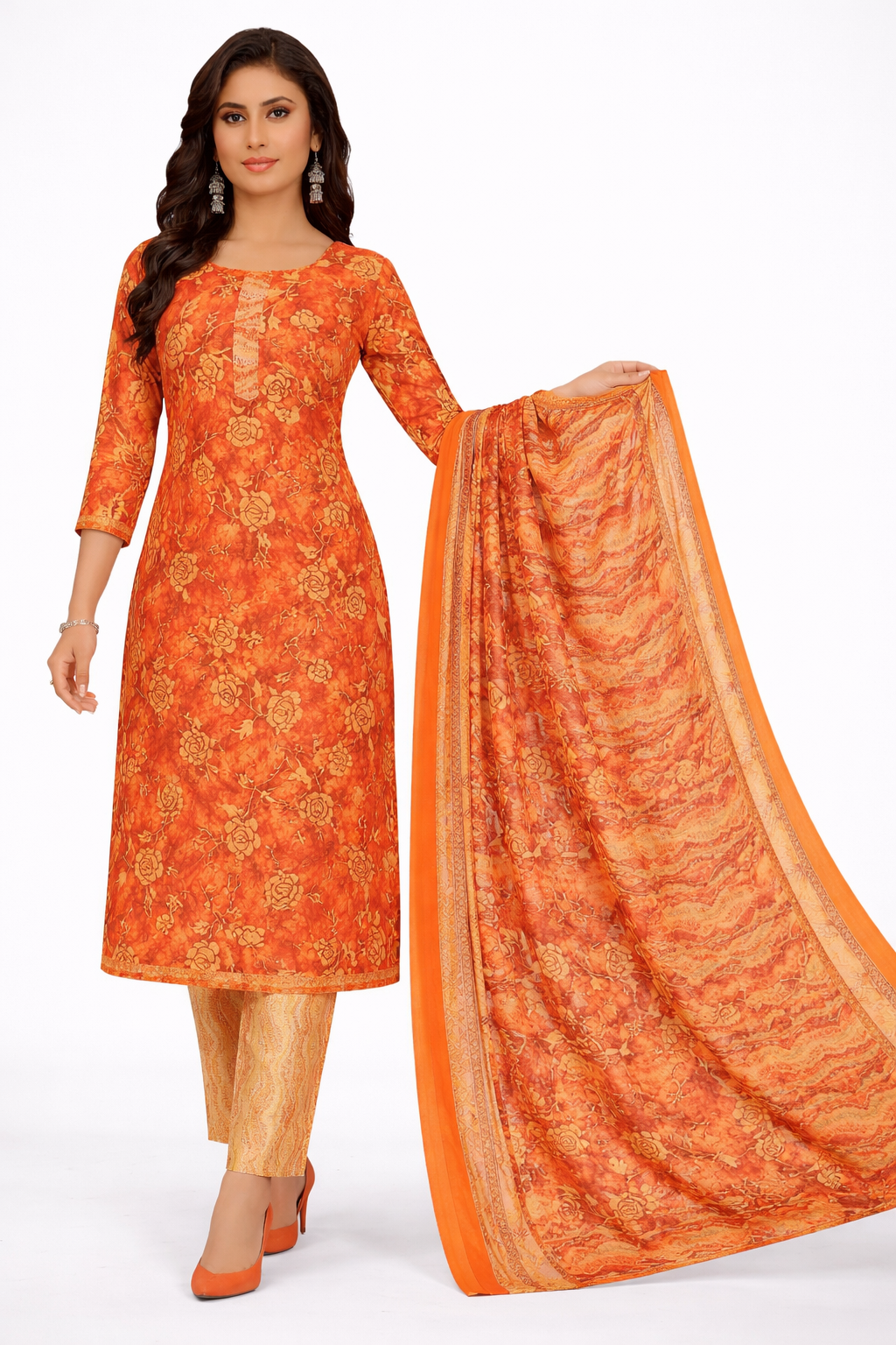 Stylish Orange Floral Printed Salwar Suit Set with Dupatta