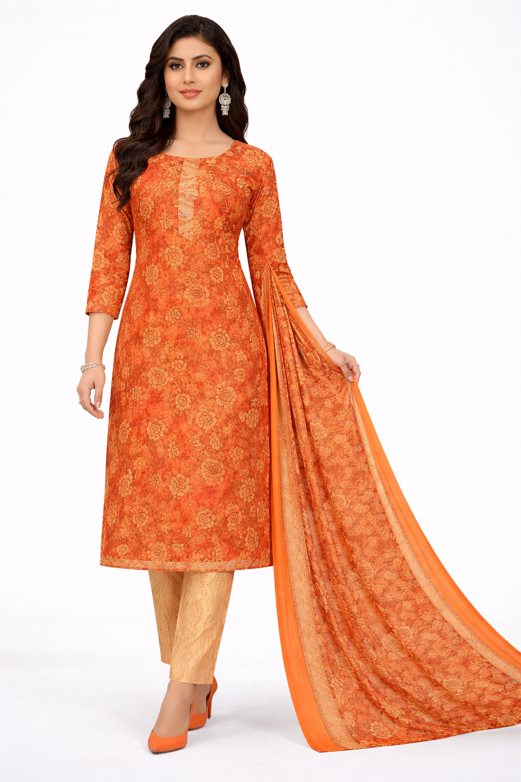 Stylish Orange Floral Printed Salwar Suit Set with Dupatta