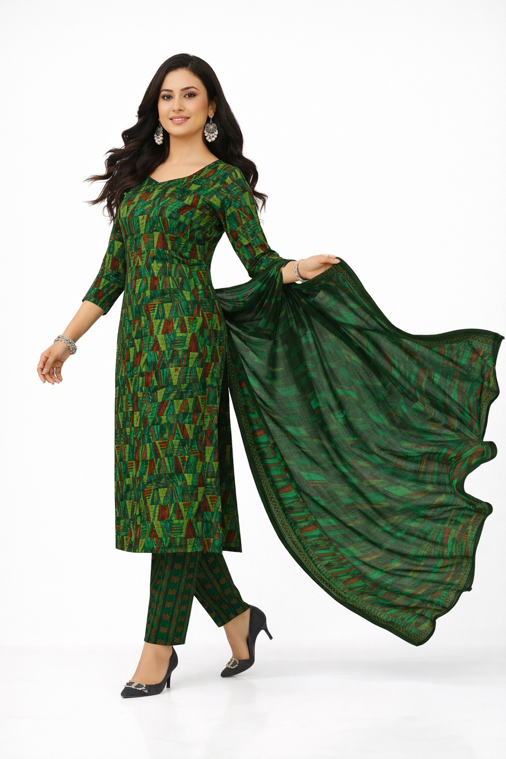 Stylish Green Printed Salwar Suit Set with Dupatta