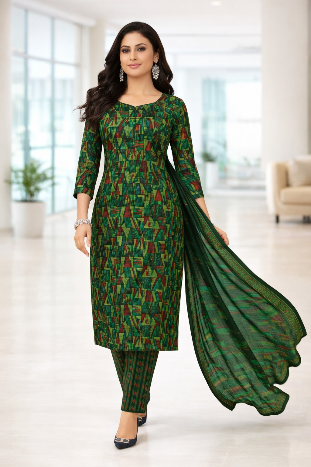 Stylish Green Printed Salwar Suit Set with Dupatta