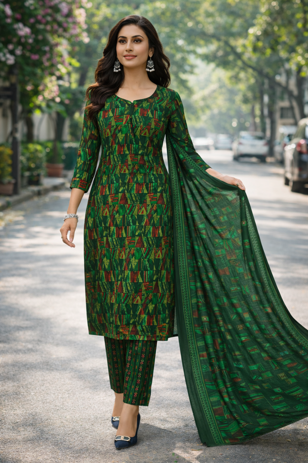 Stylish Green Printed Salwar Suit Set with Dupatta