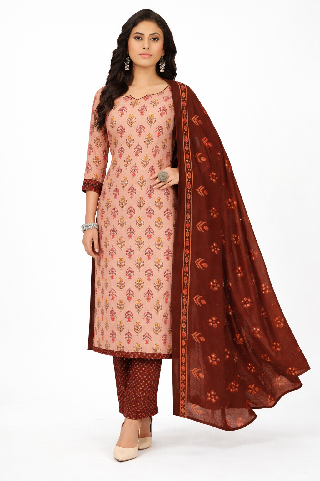 Elegant Brown Printed Salwar Suit Set with Dupatta