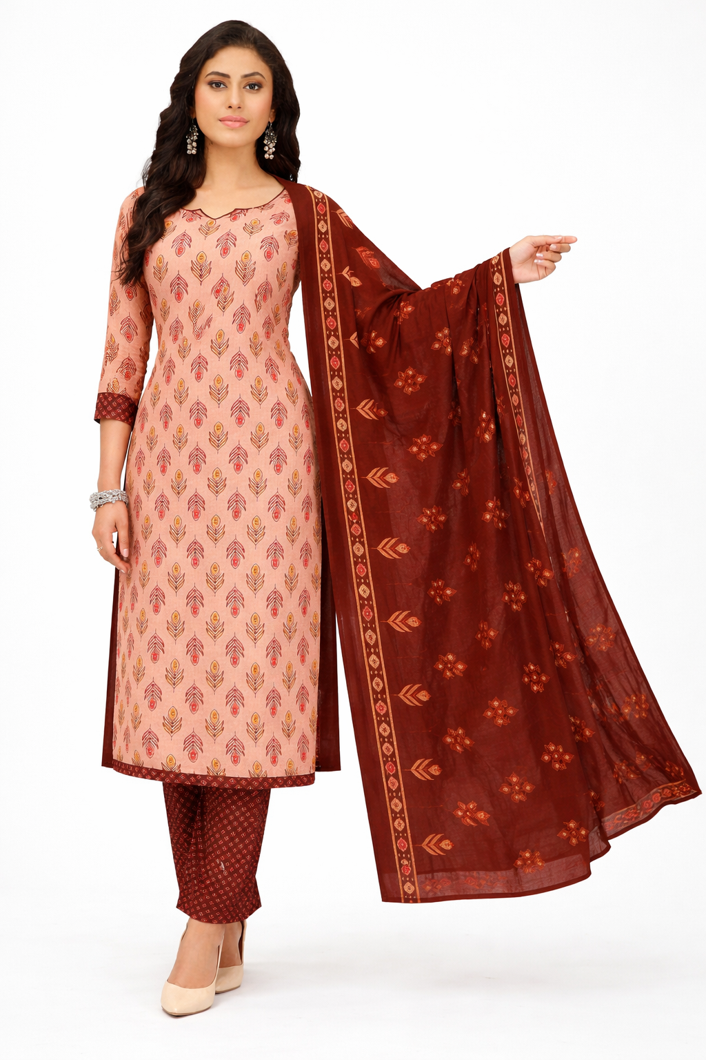 Elegant Brown Printed Salwar Suit Set with Dupatta