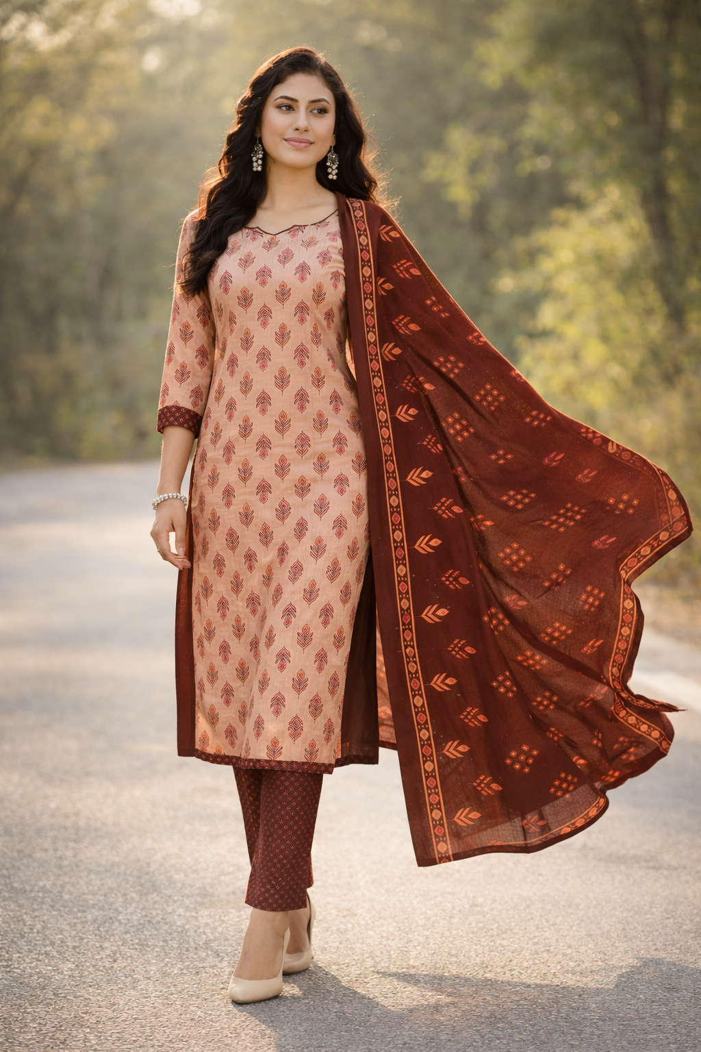 Elegant Brown Printed Salwar Suit Set with Dupatta
