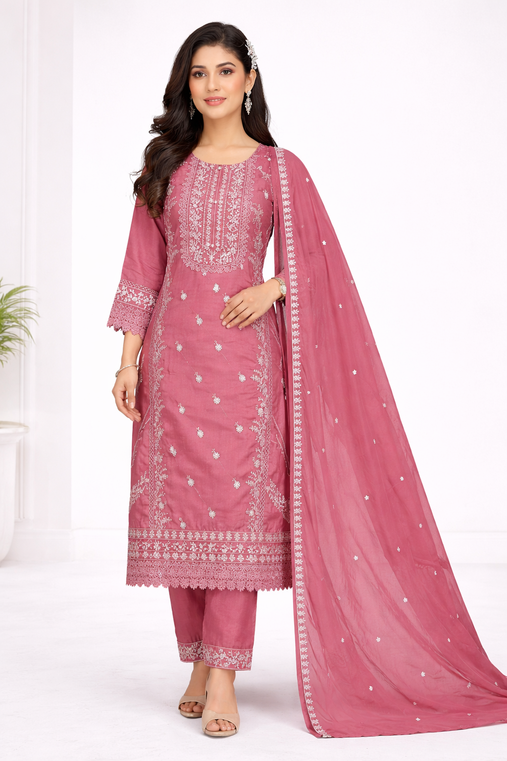 Premium Onion Pink Embroidered Salwar Suit Set with Dupatta – Roman Silk