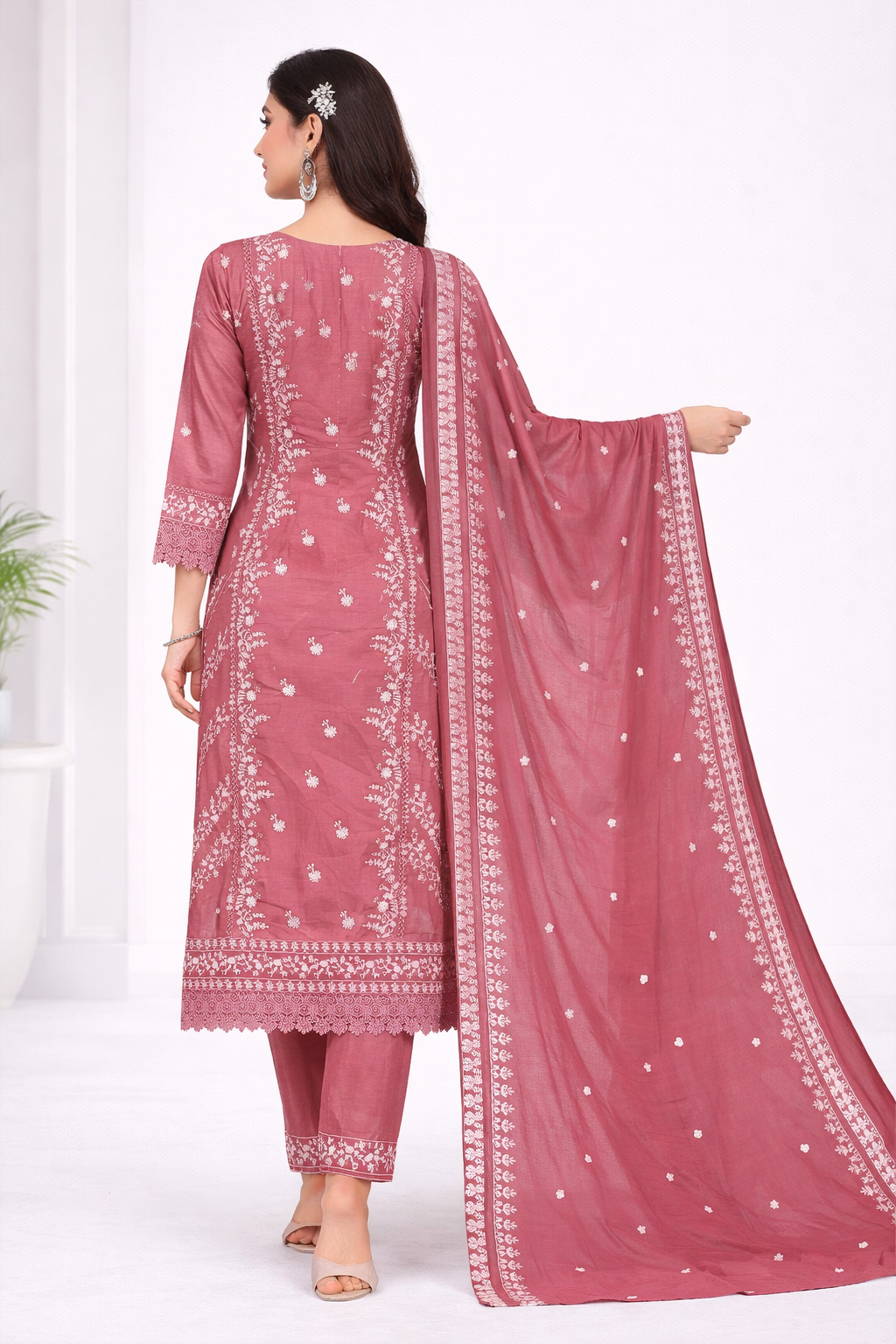 Premium Onion Pink Embroidered Salwar Suit Set with Dupatta – Roman Silk