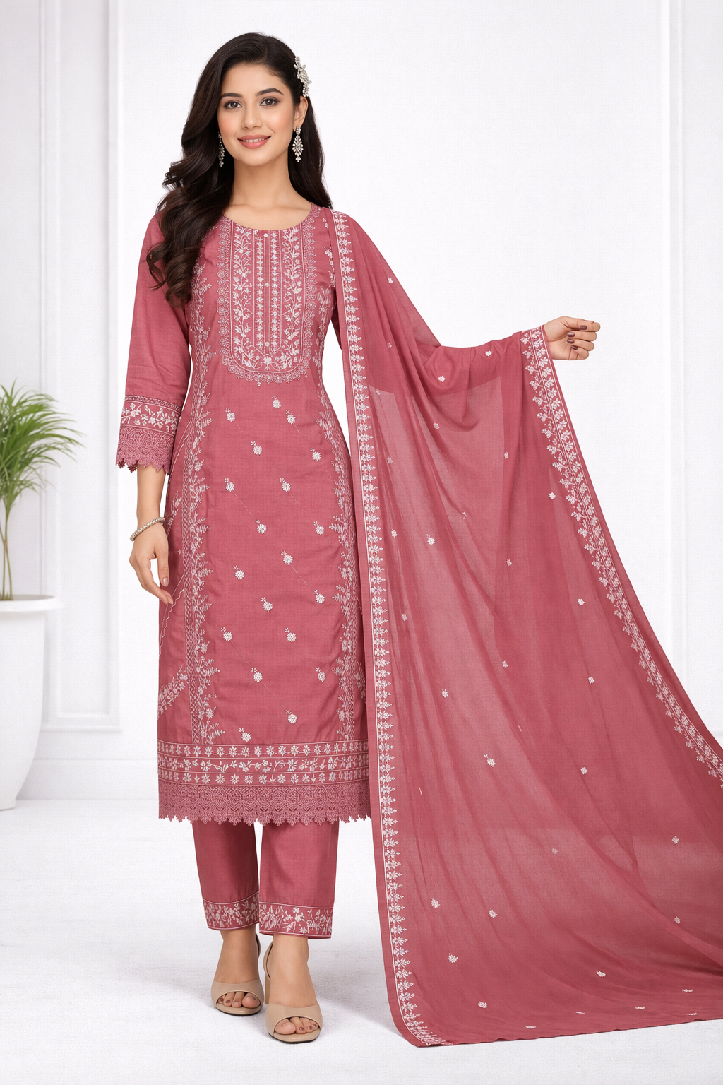 Premium Onion Pink Embroidered Salwar Suit Set with Dupatta – Roman Silk
