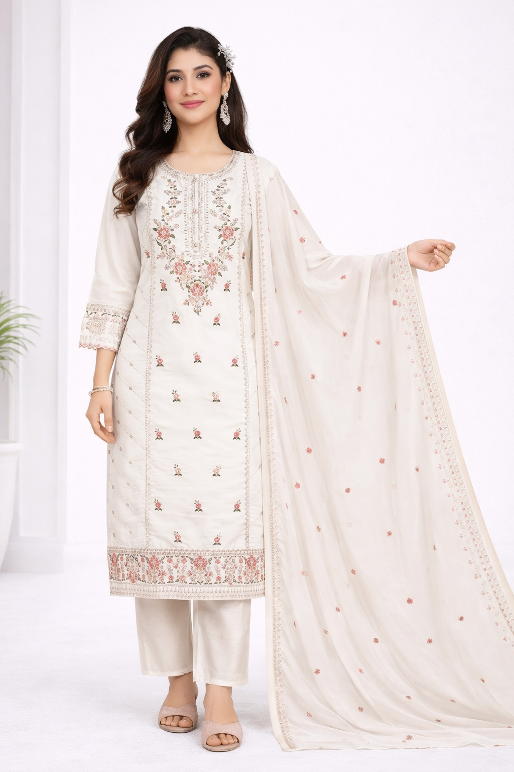 Elegant Off White Embroidered Salwar Suit Set with Dupatta