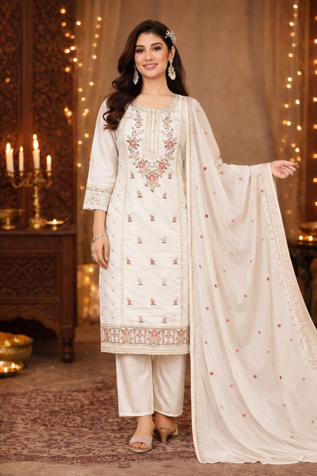 Elegant Off White Embroidered Salwar Suit Set with Dupatta