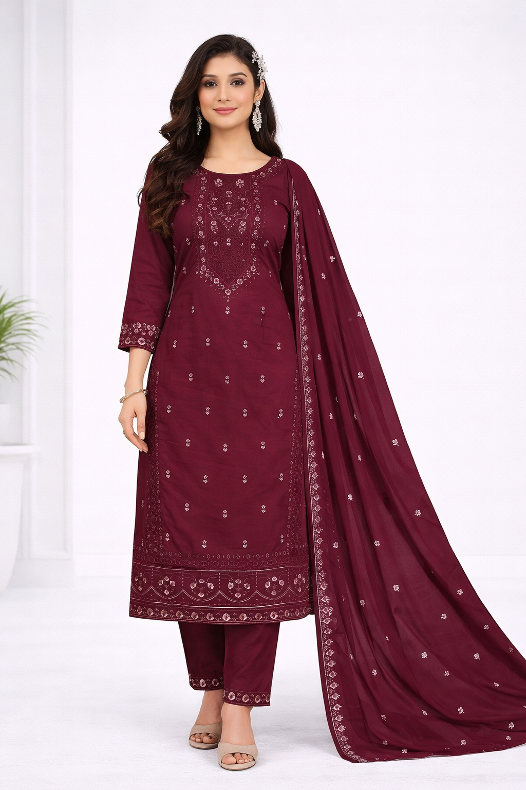 Elegant Maroon Embroidered Salwar Suit Set with Dupatta