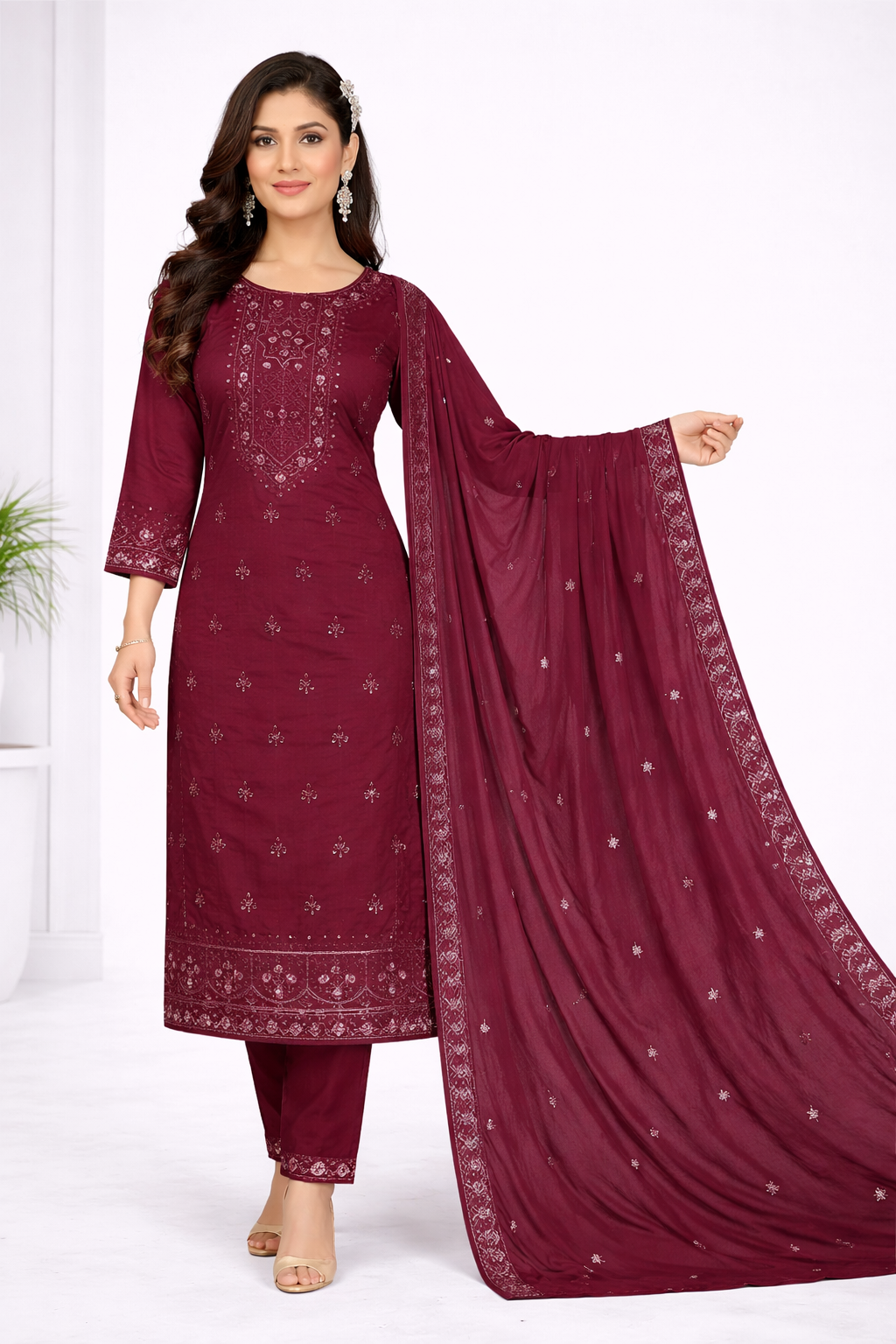 Elegant Maroon Embroidered Salwar Suit Set with Dupatta