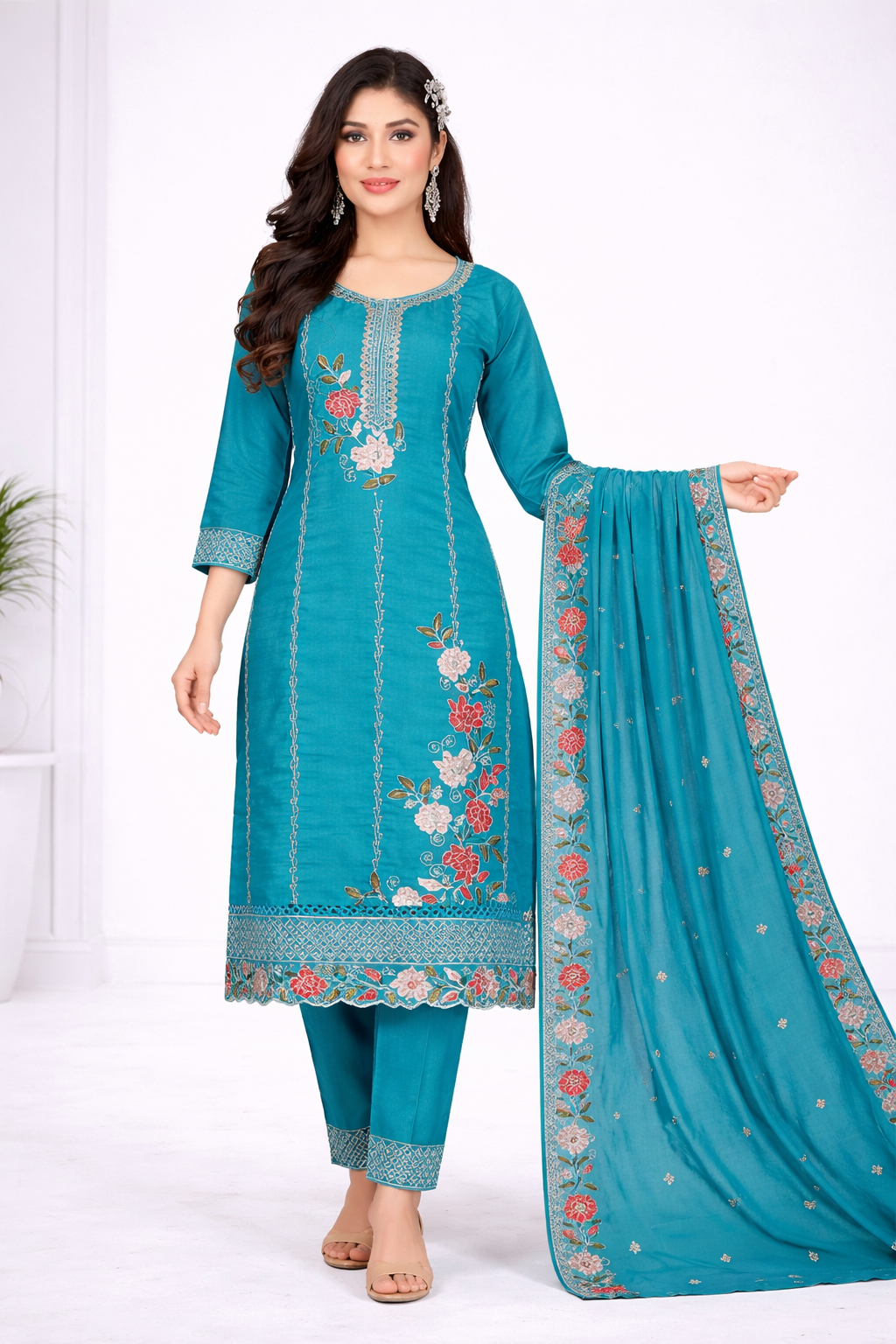 Elegant Teal Blue Embroidered Salwar Suit Set with Dupatta