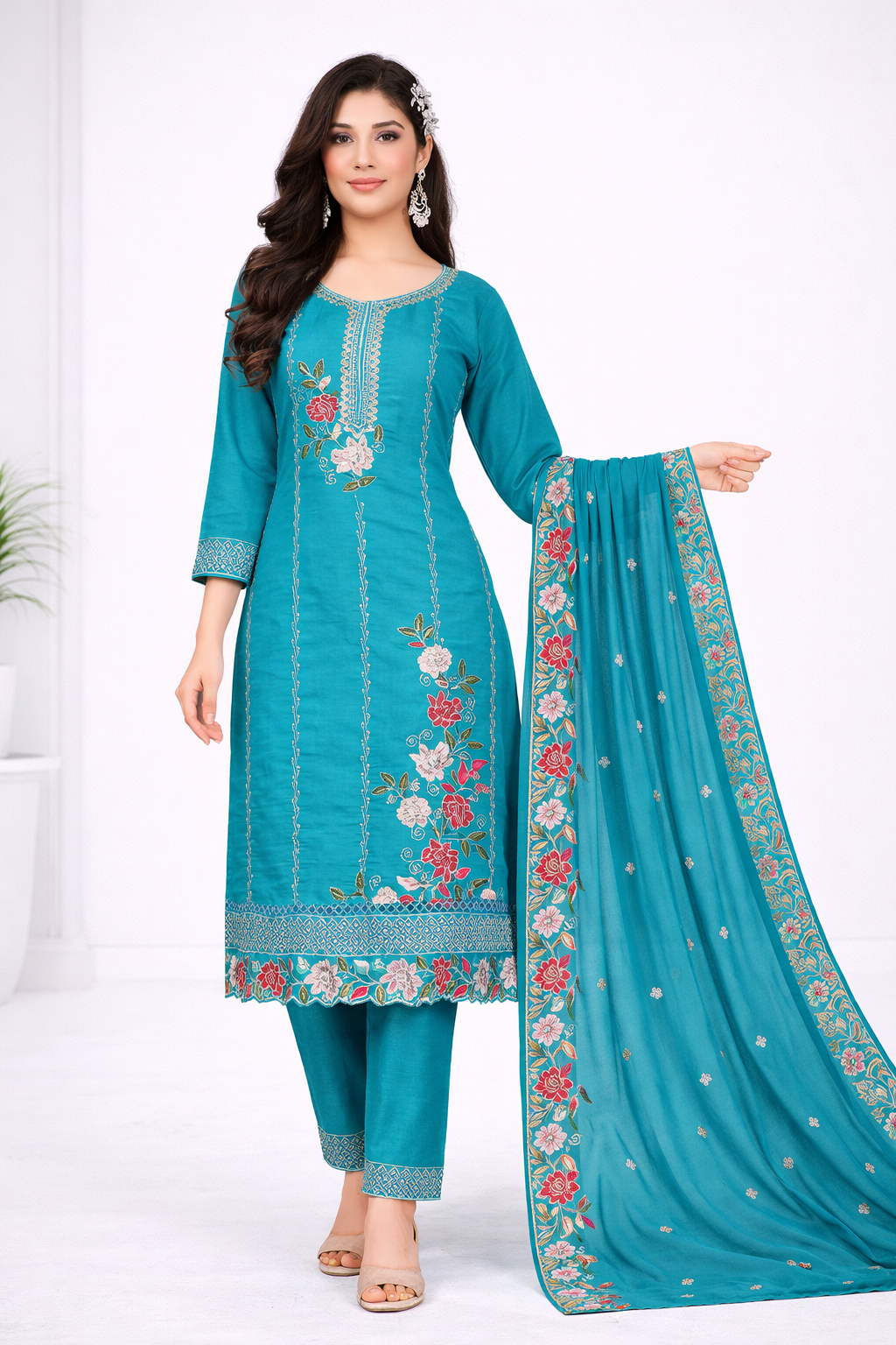 Elegant Teal Blue Embroidered Salwar Suit Set with Dupatta