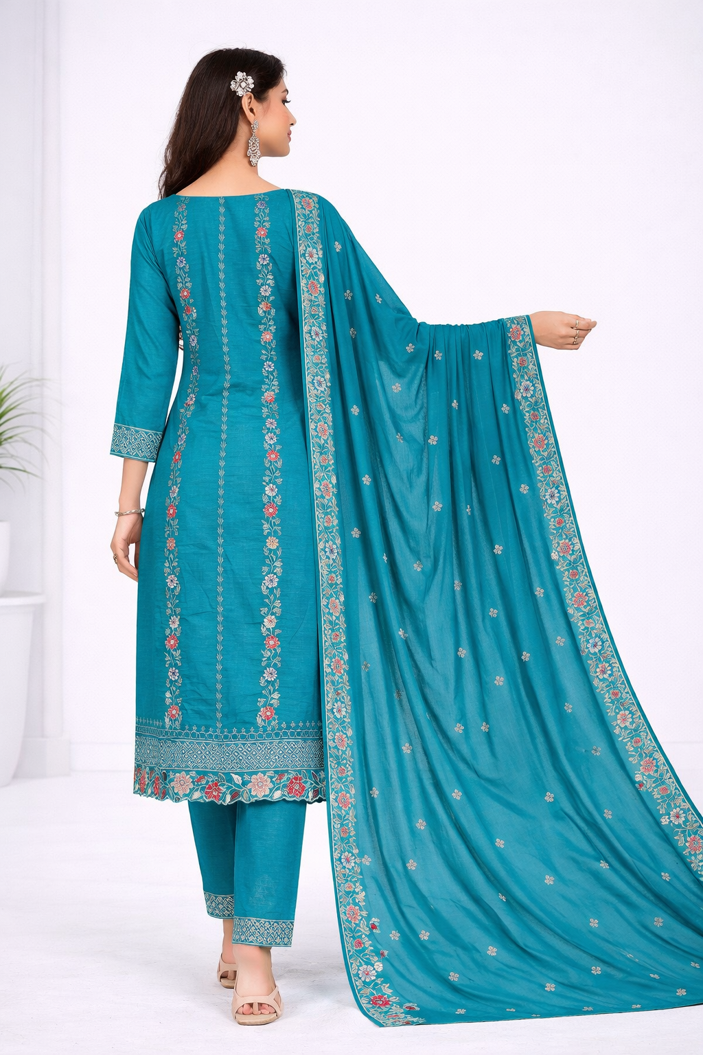 Elegant Teal Blue Embroidered Salwar Suit Set with Dupatta