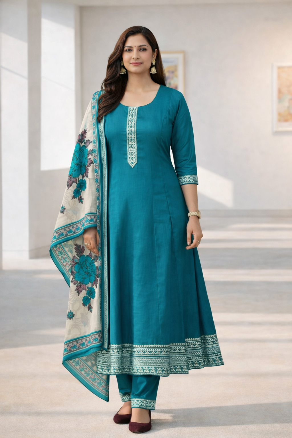 Elegant Teal Blue A-Line Salwar Suit Set with Floral Dupatta – Vatican Fabric