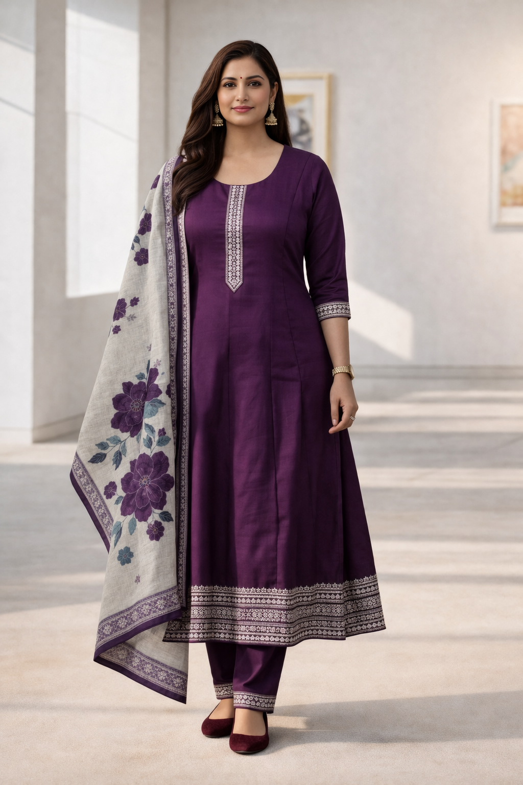 Elegant Deep Purple A-Line Salwar Suit Set with Floral Dupatta –  Vatican Fabric