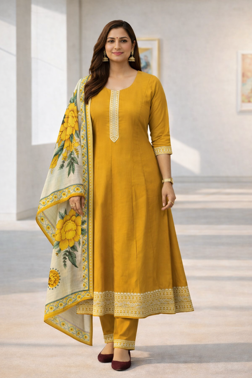 Elegant Maroon A-Line Salwar Suit Set with Floral Dupatta –  Vatican Fabric