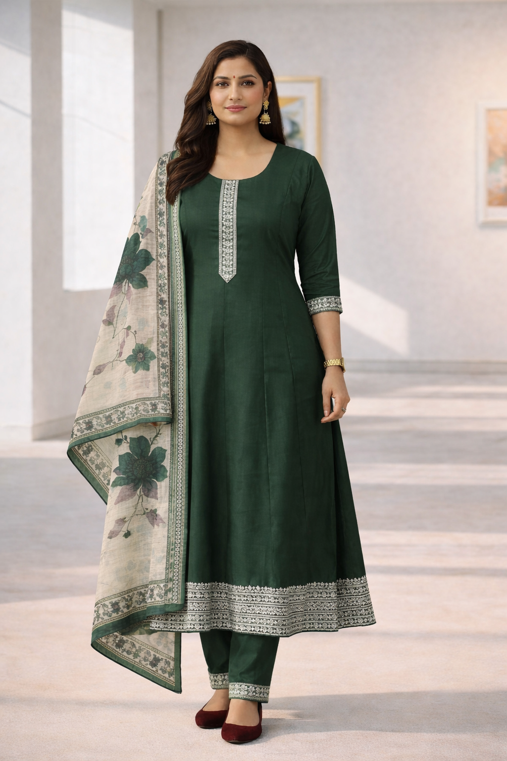 Elegant Bottle Green A-Line Salwar Suit Set with Floral Dupatta – Vatican Fabric