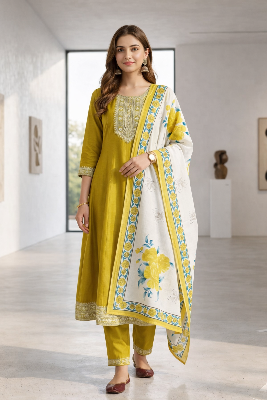 Elegant Olive Mustard Yellow Salwar Suit Set with Floral Dupatta –  Vatican Fabric