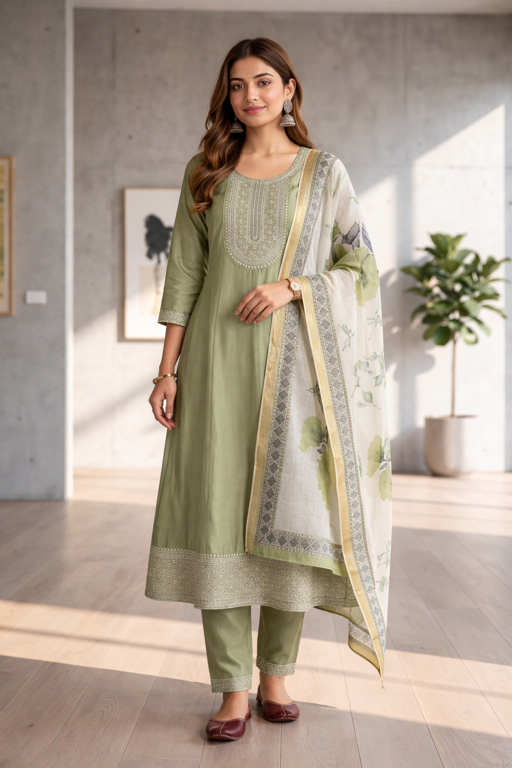 Elegant Olive Green Salwar Suit Set with Printed Dupatta