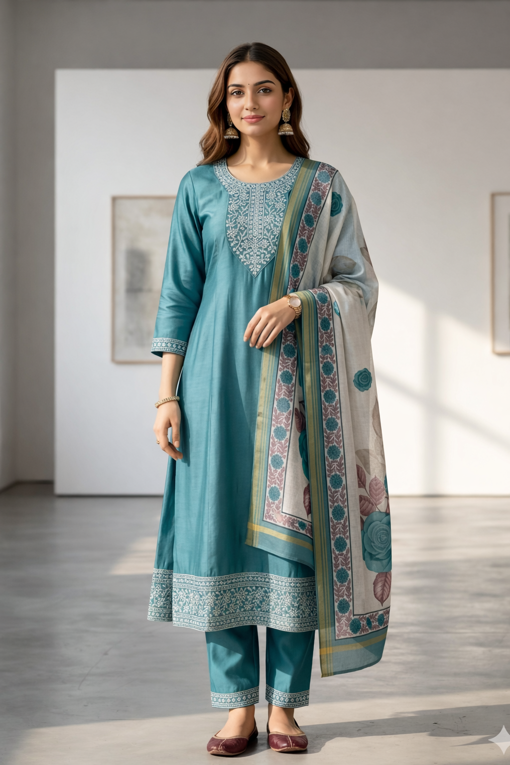 Elegant Teal Blue Salwar Suit Set with Printed Dupatta