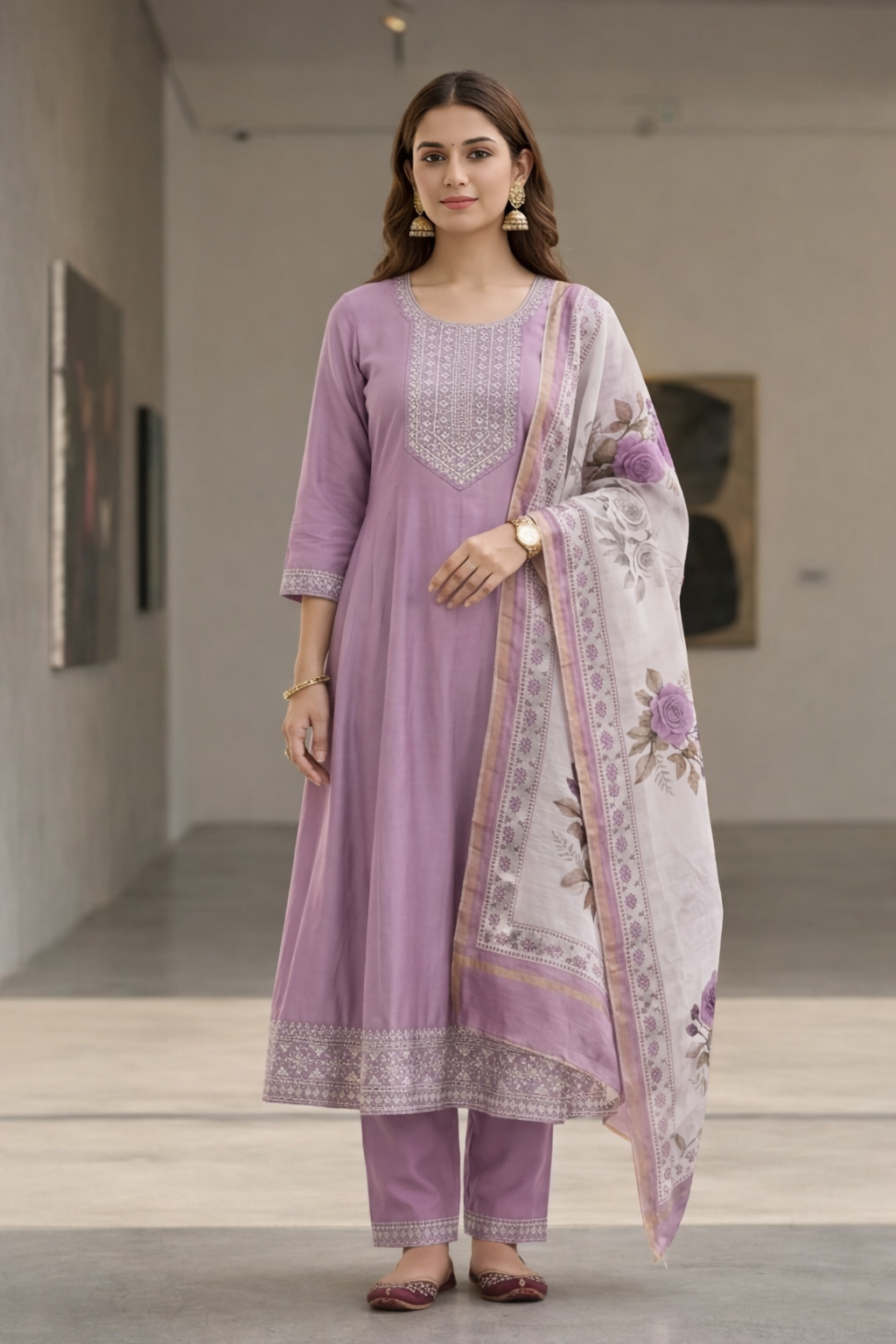 Elegant Lavender Pink Salwar Suit Set with Floral Dupatta