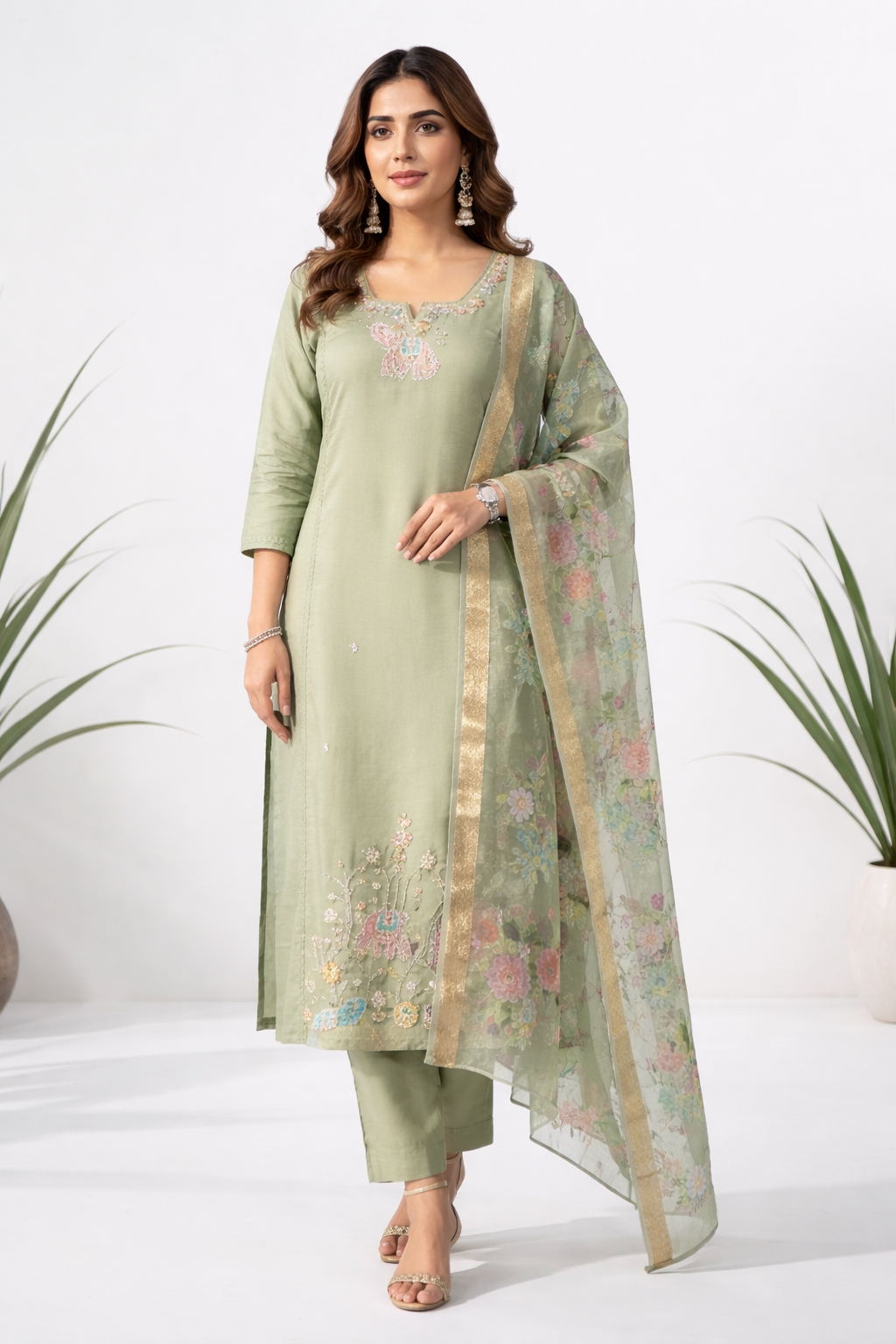 Designer Pista Green Roman Silk Salwar Suit with Embroidery & Floral Dupatta