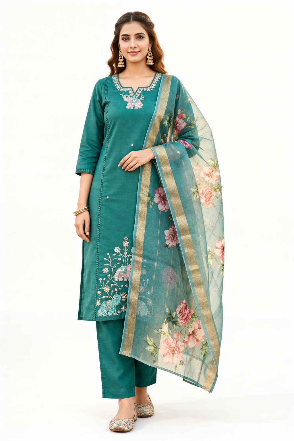Designer Teal Green Roman Silk Salwar Suit with Embroidery & Floral Dupatta