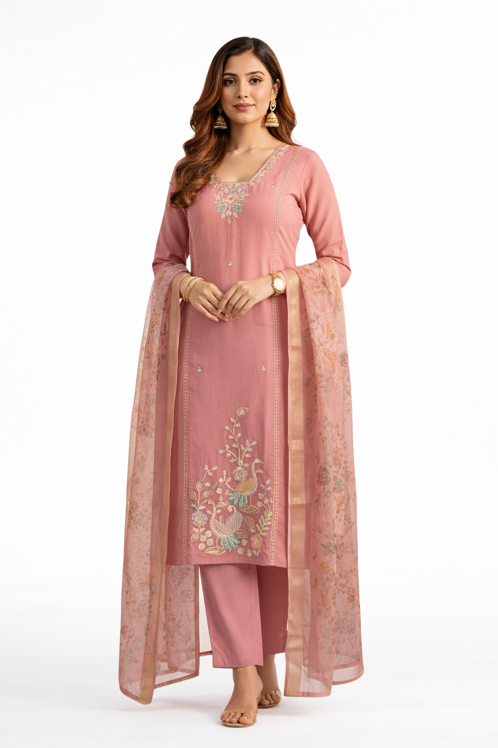 Elegant Peach Roman Silk Salwar Suit with Embroidery & Floral Dupatta
