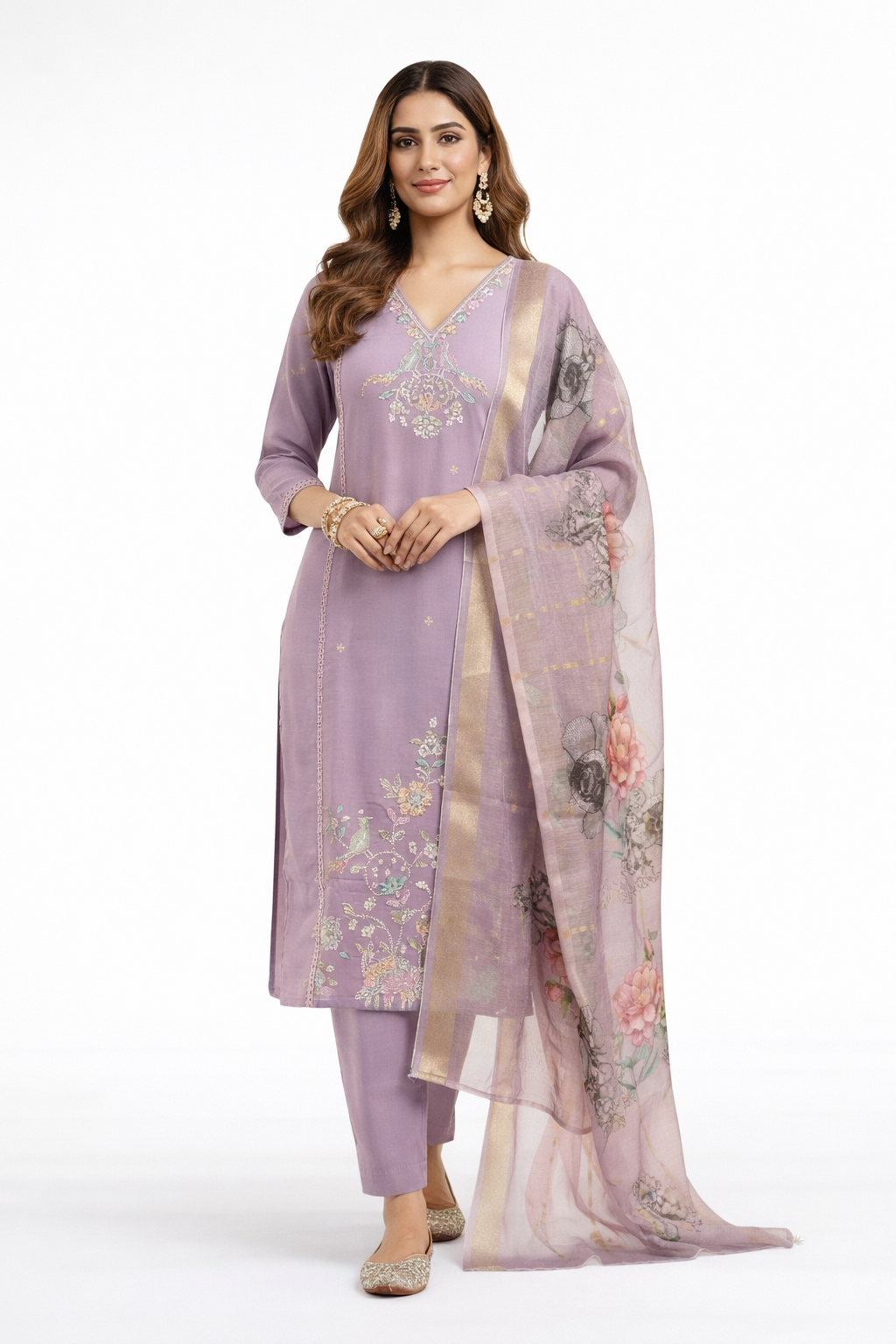 Elegant Lavender Roman Silk Salwar Suit with Embroidery & Floral Dupatta
