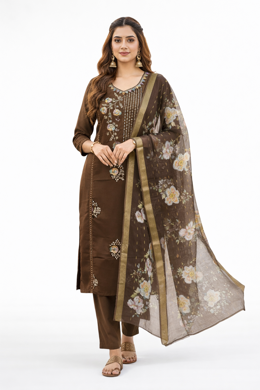 Designer Chocolate Brown Roman Silk Salwar Suit with Embroidery & Floral Dupatta