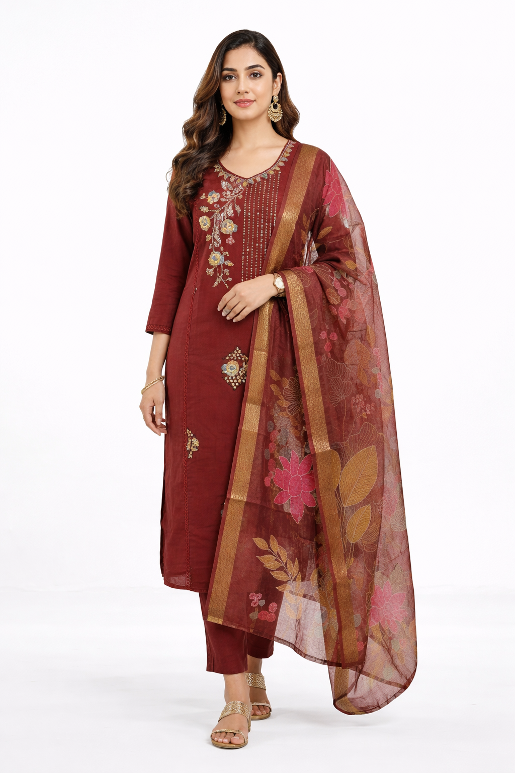 Designer Maroon Roman Silk Salwar Suit with Embroidery & Floral Dupatta