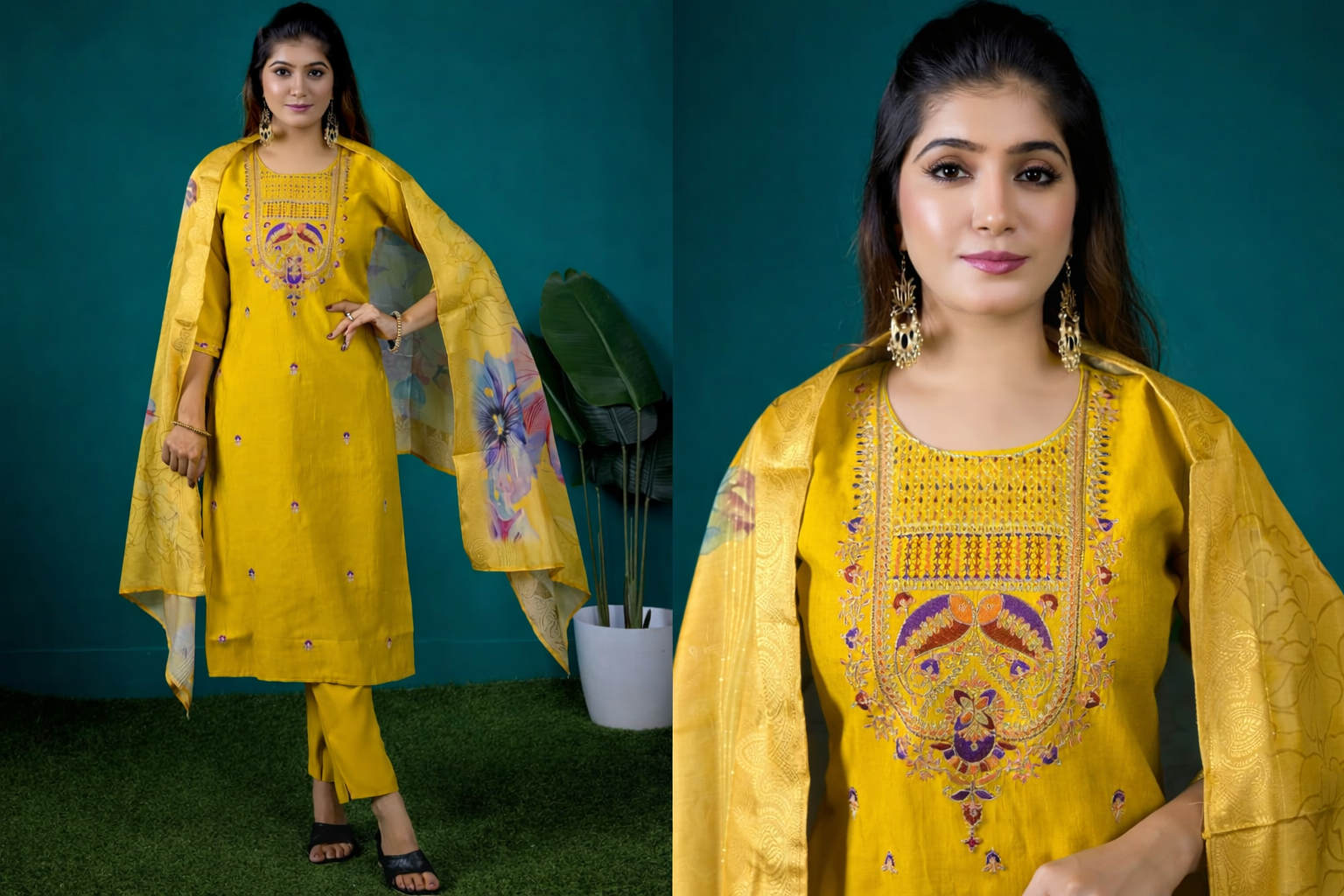 Yellow Roman Silk Embroidered Salwar Suit with Dupatta