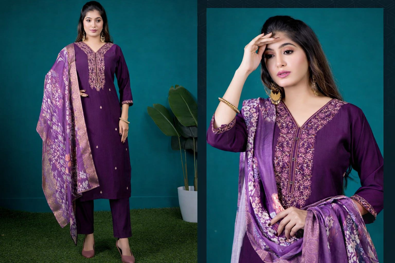 Deep Purple Roman Silk Embroidered Salwar Suit with Dupatta