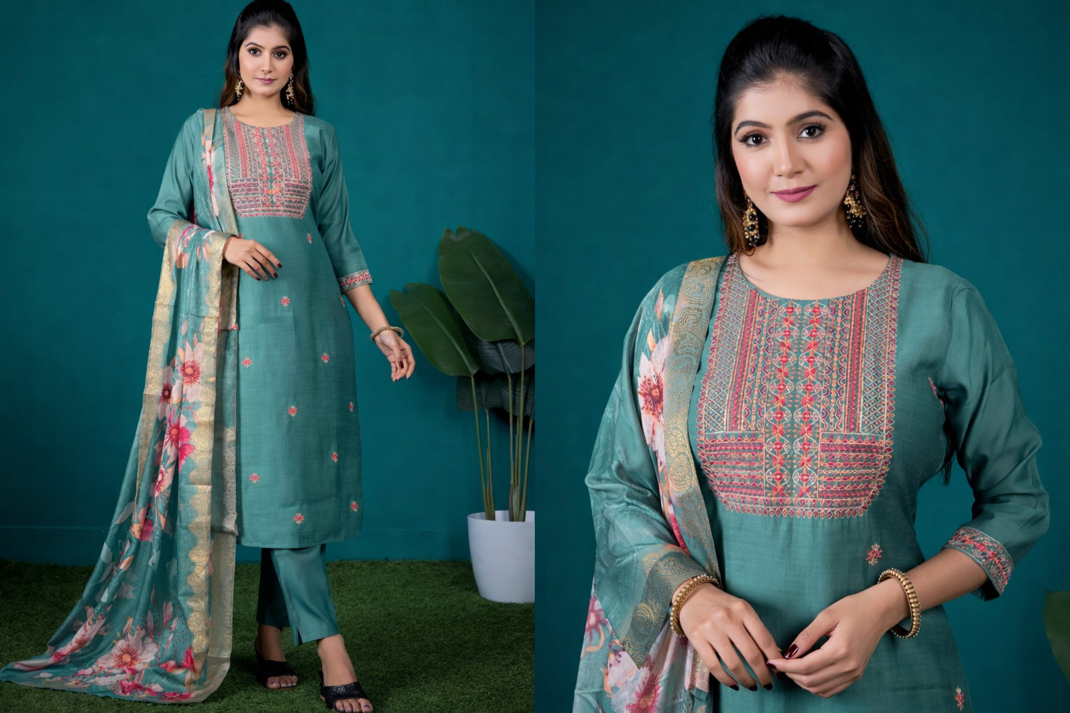 Teal Green Roman Silk Embroidered Salwar Suit with Floral Dupatta