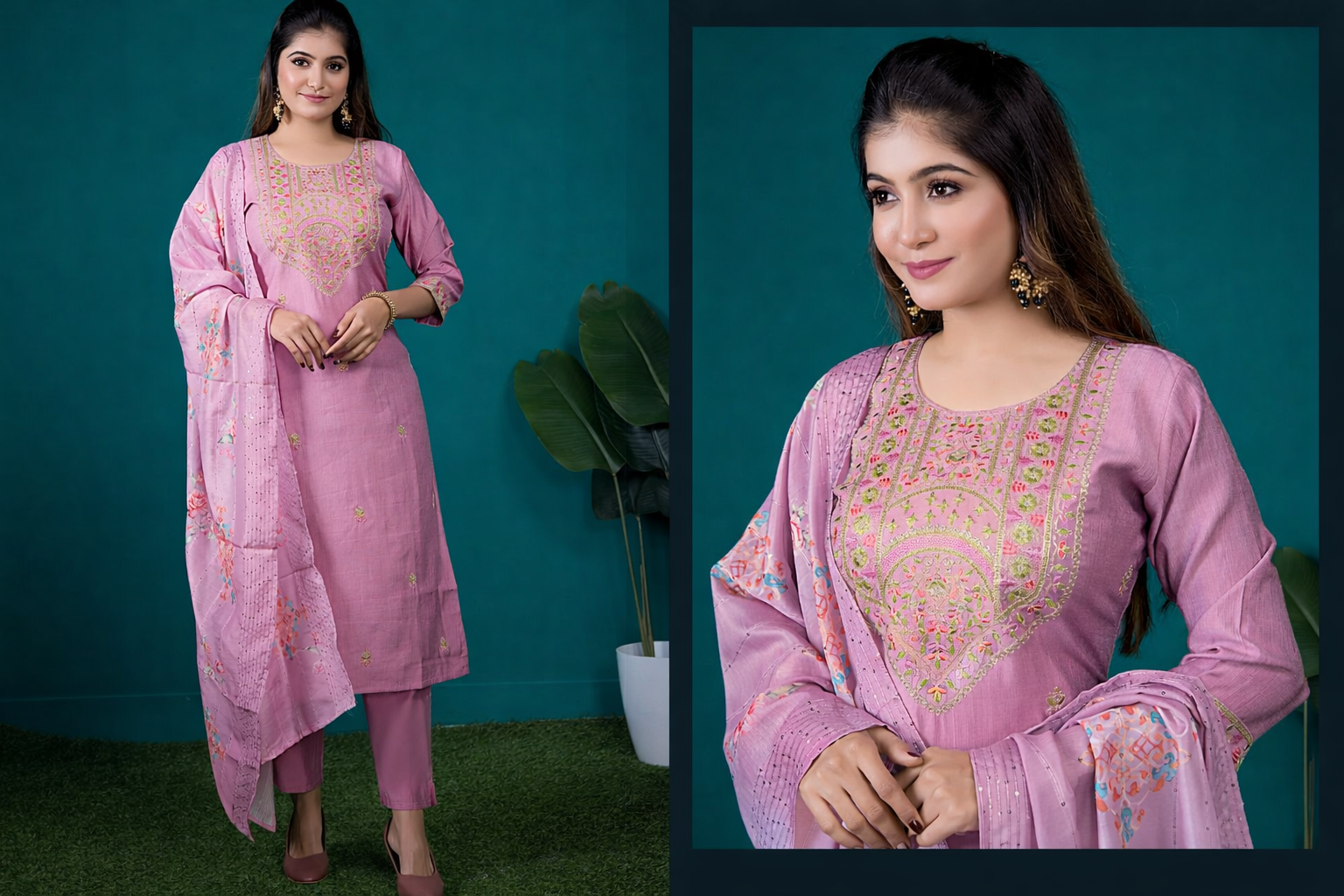 Elegant Pink Roman Silk Embroidered Salwar Suit with Dupatta