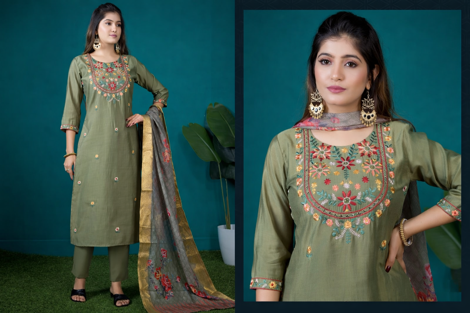 Olive Green Roman Silk Embroidered Salwar Suit with Designer Dupatta