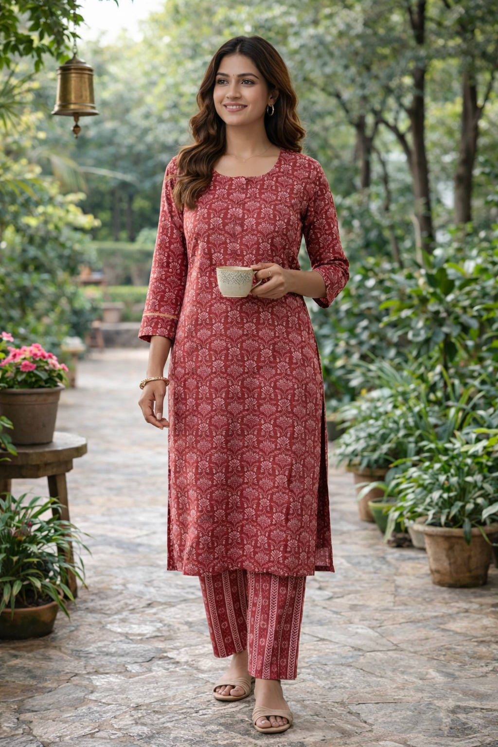 Maroon Cotton Co-Ord Set for Women – Printed Kurti with Straight Pants