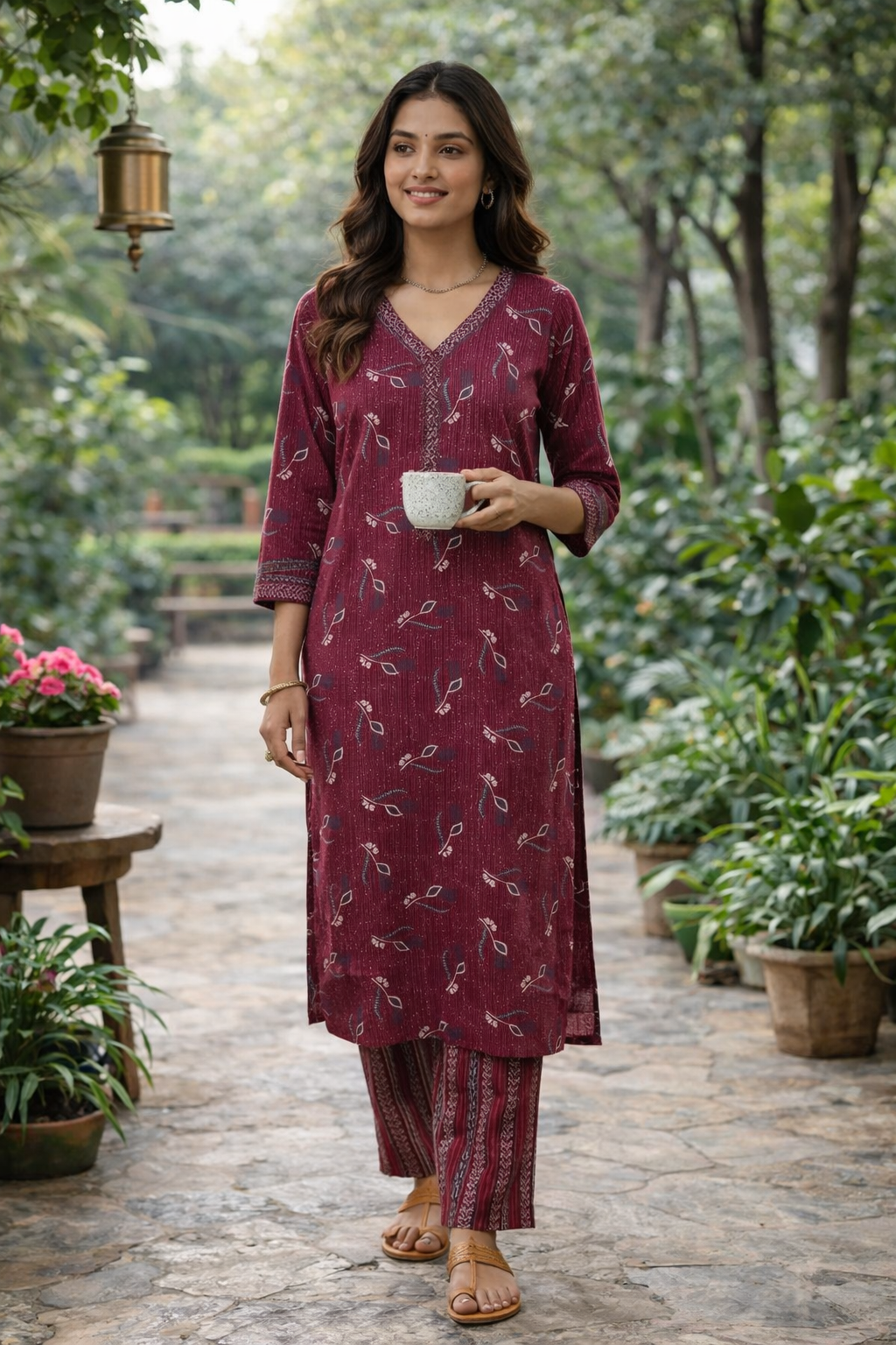 Maroon Printed Salwar Suit with V-Neck