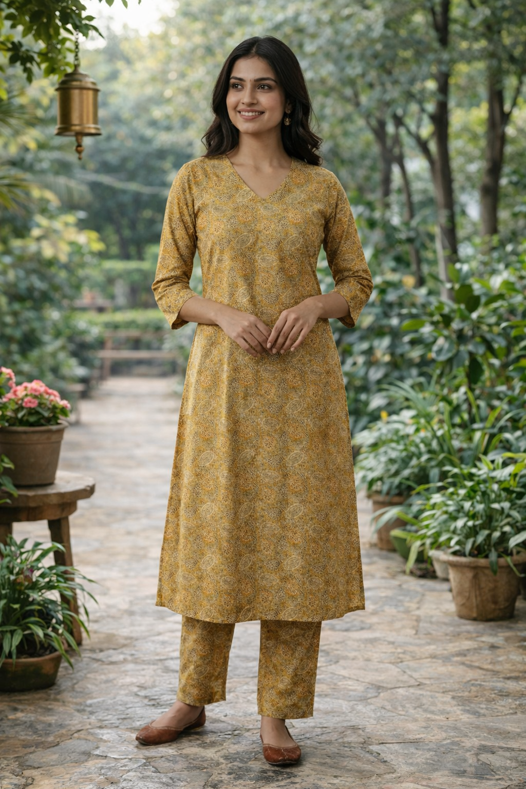 Mustard Yellow Cotton Co-ord Set with V-Neck & Umbrella Top