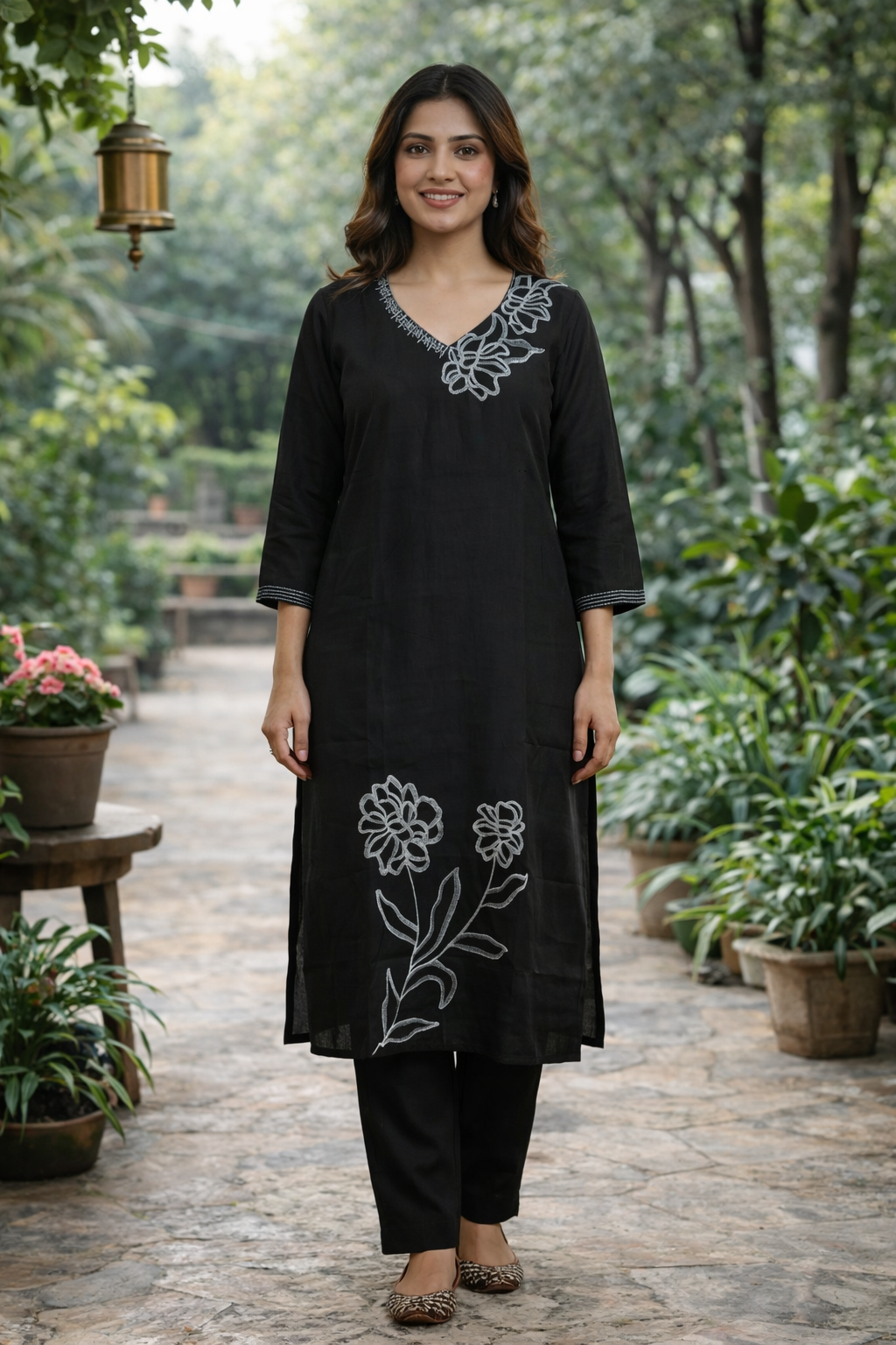 Black Roman Silk Co-ord Set with Embroidery & Lotus Neck