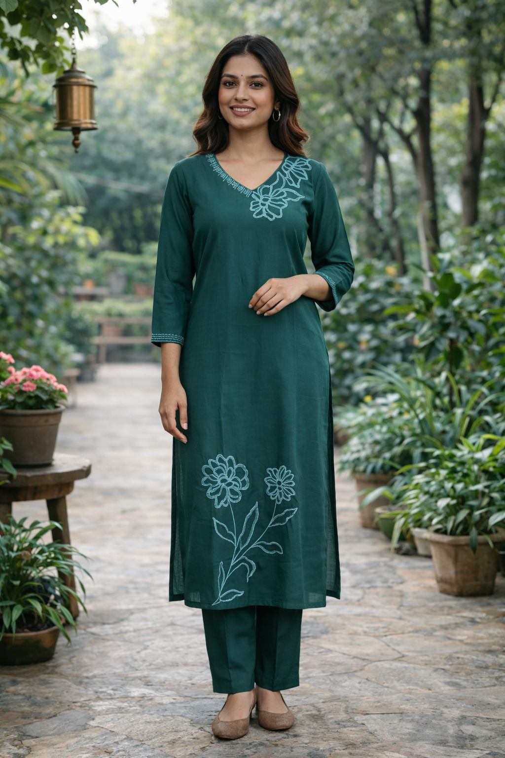 Teal Green Roman Silk Co-ord Set with Embroidery & Lotus Neck